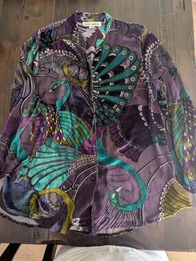 Caroline Rose Silk Peacock-Print Blouse - Teal & Purple Accents